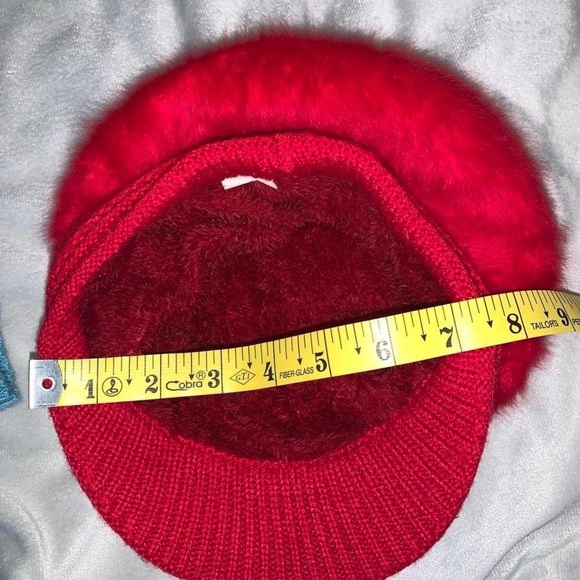Vintage Y2K Red Fuzzy angora cadet cabbie new boy Cap with knit Bow and bill main image 5